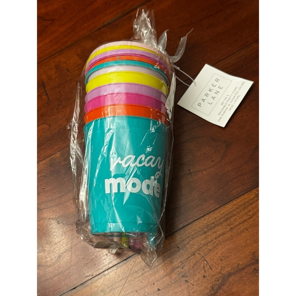 Set of 6 Parker Lane Reusable Vacay Mode Colorful Cups w/ Lids & Straws